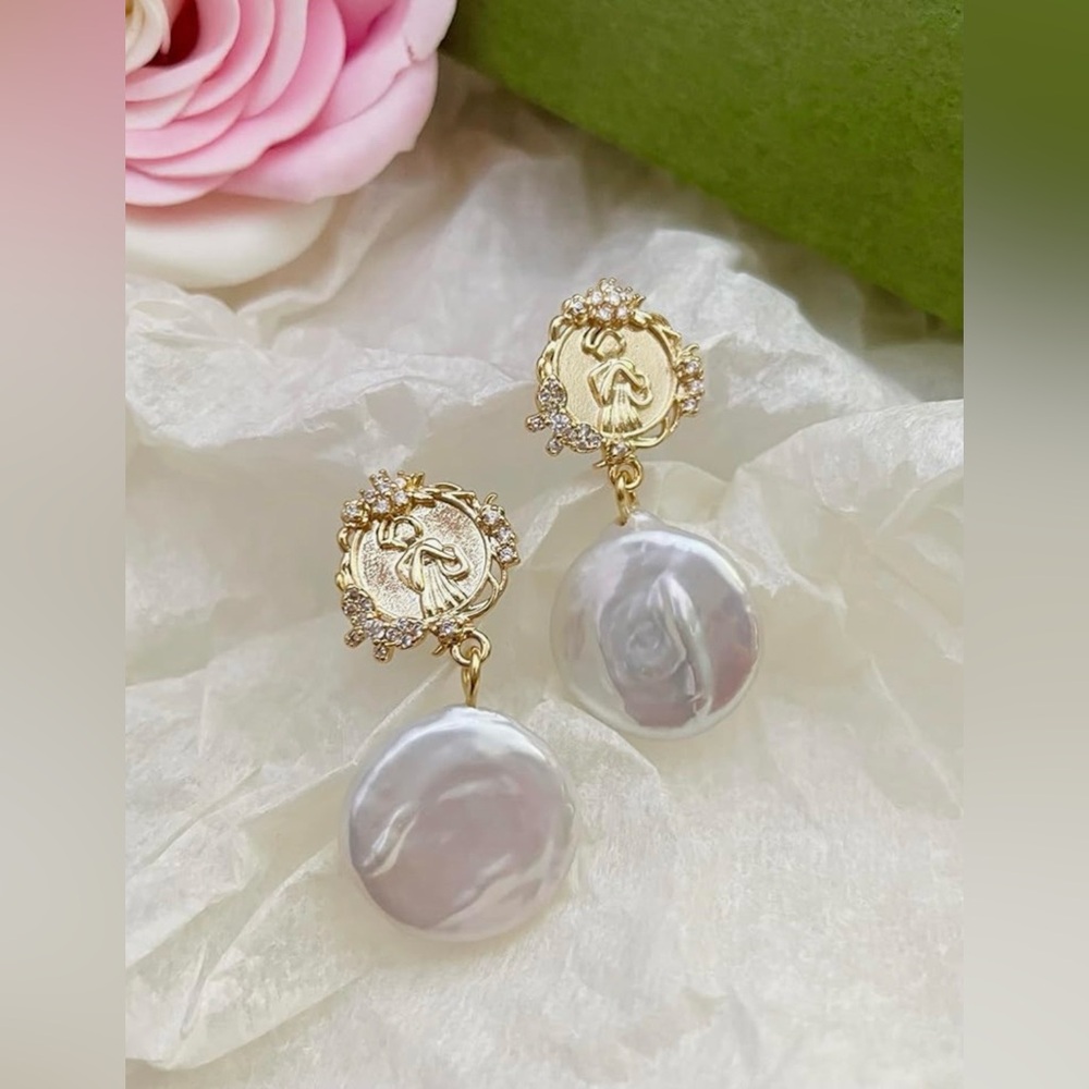 RETAIL 💰360 14K GOLD PLATED Cultured Freshwater Baroque Pearl Diamond Earrings